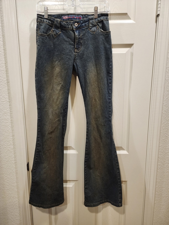 One Tuff Babe Denim - Women's Boot Cut/Flare Split Leg Jeans Blue Denim w/Gold Stitching, Size 5/6